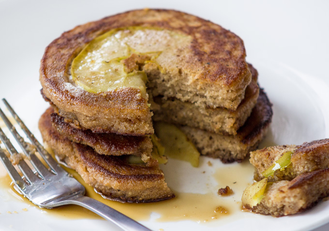 Sliced Apple Pie Brown Butter Pancakes in a Plate with Fork