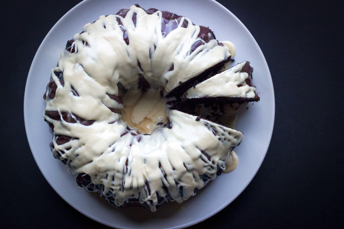 Sliced Top view of Irish Car Bomb Bundt Cake with White Chocolate Ganache