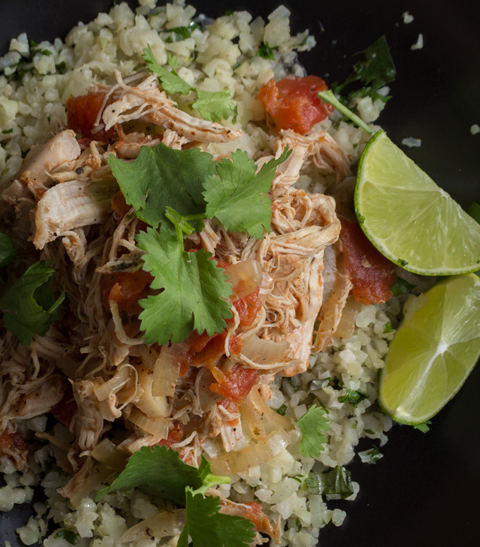 Close up view of Slow Cooker Mexican Chicken with Cilantro Lime Cauliflower Rice