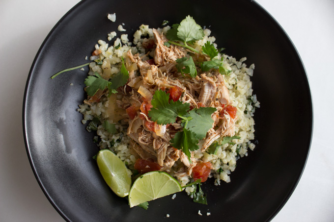 Top view of Slow Cooker Mexican Chicken with Cilantro Lime Cauliflower Rice