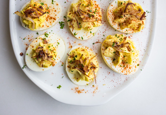 Crab Deviled Eggs with Crispy Shallots {Paleo, Whole30} 